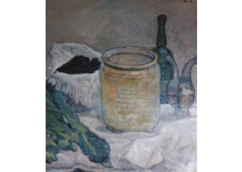 Natura morta con vaso di ceramica  un' ampolla su un tavolo  Natura morta con vaso di ceramica  un' ampolla su un tavolo